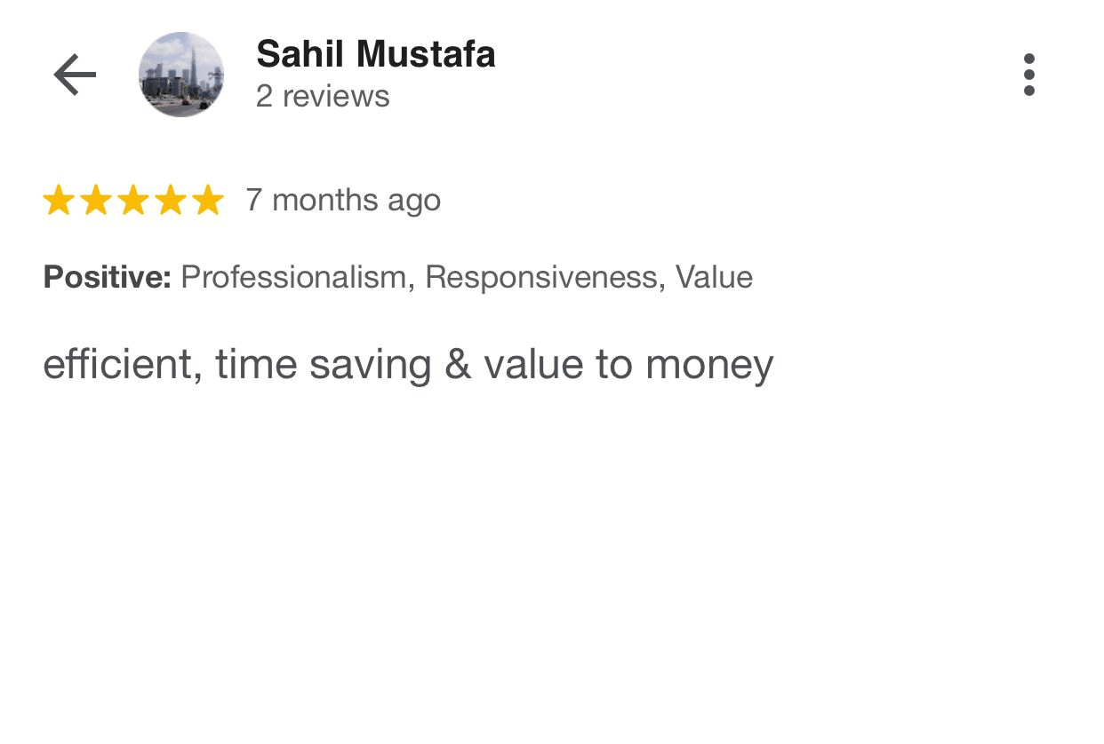 Customer Review, 5 stars given by customer on Google for his commercial relocation