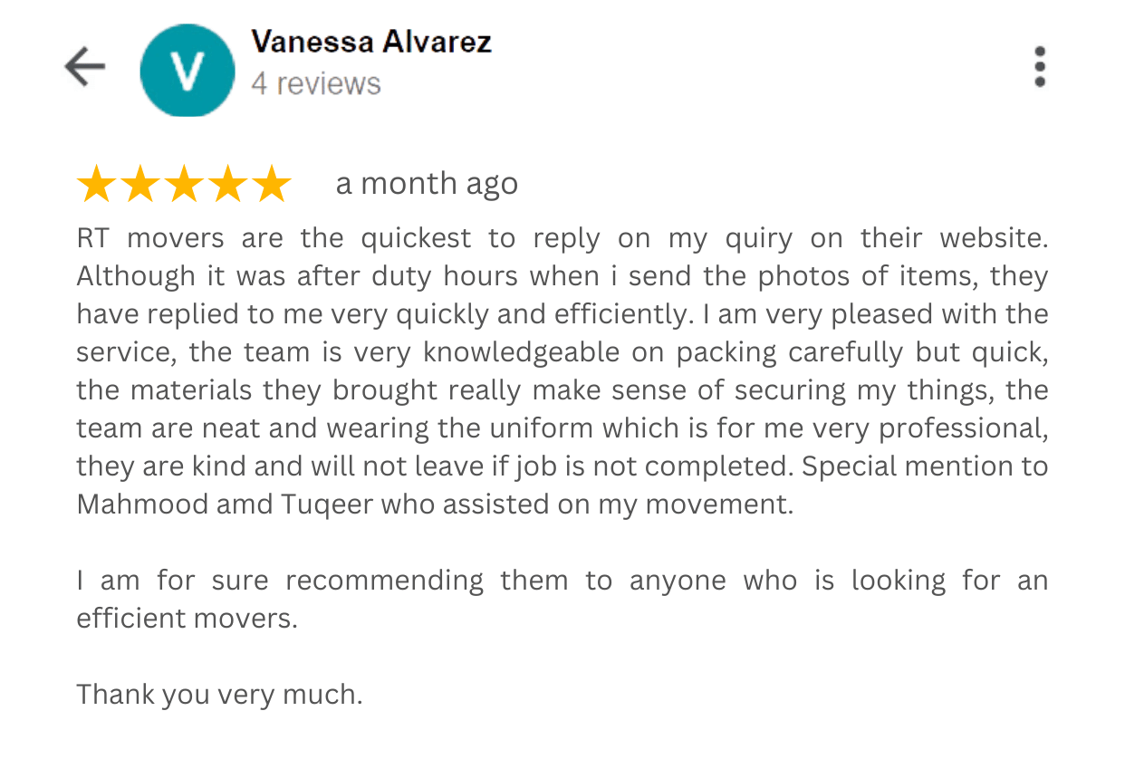 Customer Review, 5 stars given by customer on Google for her house relocation